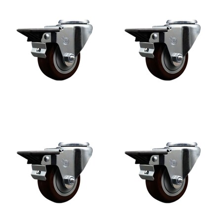 Service Caster 3'' Maroon Poly Wheel Swivel Bolt Hole Caster Set with Posi Lock Brakes, 4PK SCC-BH20S314-PPUB-MRN-PLB-4